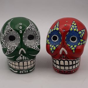 Pair of Ceramic Handmade Skulls Hand Painted Signed Unique Home Decor Glitter